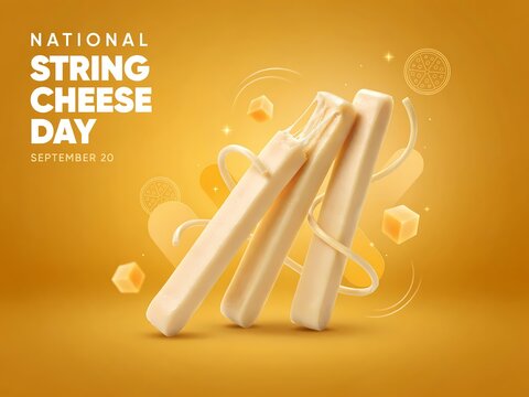 National string cheese day celebration graphic with sticks of delicious mozzarella cheese snack