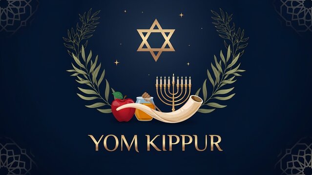 Yom kippur greeting card with star of david menorah shofar and apple on a dark background