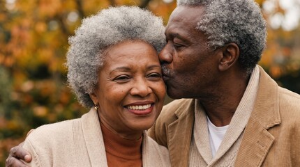 Fototapeta premium Elderly Black man kisses his wife on the cheek during an autumn day outdoors 6 October Grandparent's Day