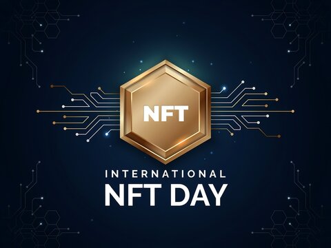 International nft day badge with a golden hexagon coin and digital circuit lines on dark background