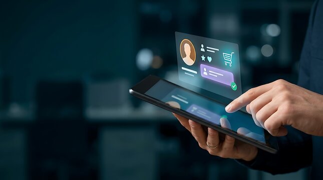 Man holding a tablet computer with a holographic user profile interface displaying customer shopping cart details in a dark office.