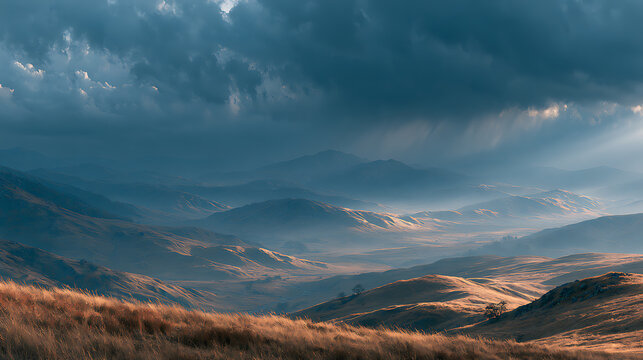 Dramatic landscape with rolling hills and stormy skies fills the horizon