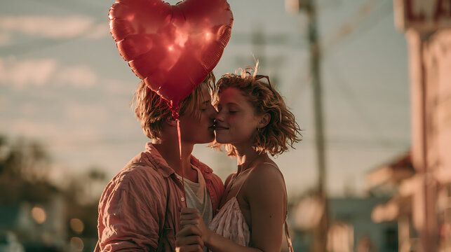Couple shares a kiss while holding a heart shaped balloon romantic photograph