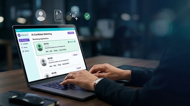 Recruiter hands typing on a laptop while reviewing job applications using an artificial intelligence candidate matching software.
