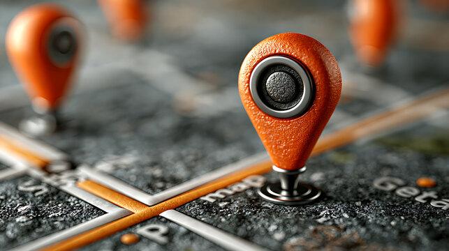Orange map pin markers stand on a textured grid surface
