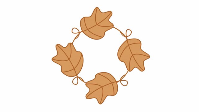 Autumn oak leaf circular wreath cartoon animation in warm tan brown shades in an alpha channel for fall foliage frame and Thanksgiving element concept.