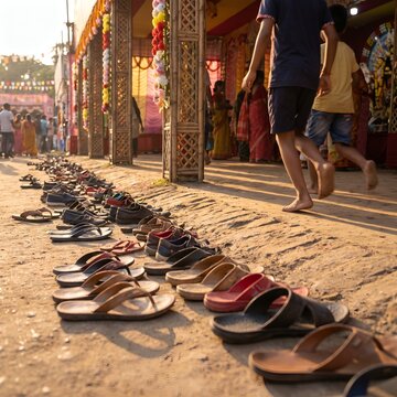 Rows of sandals outside a temple during a cultural festival in India