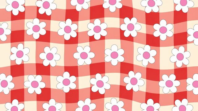 Groovy Retro Daisy Flower Gingham Wavy Pattern Looping Video Background
