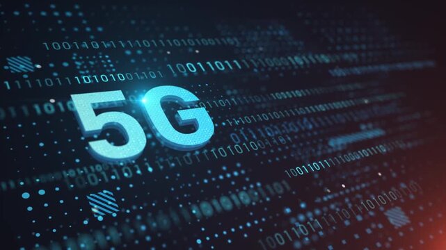 3D 5G network symbol with digital binary code and blue glowing binary data stream background