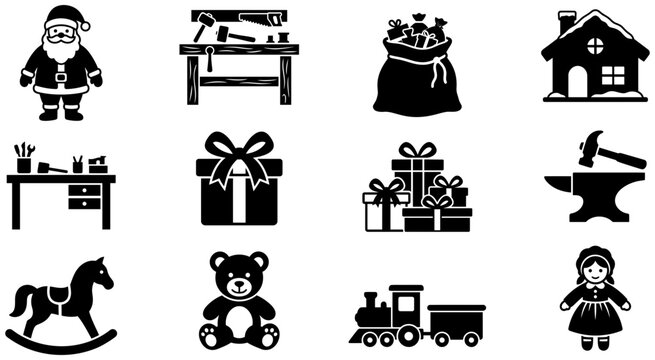 Set of black and white christmas vector icons featuring santa claus toys gifts workshop tools and festive holiday season elements