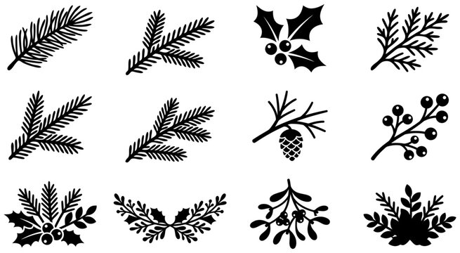 Decorative christmas botanical vector set featuring black silhouettes of pine branches holly leaves berries and mistletoe for seasonal holiday designs