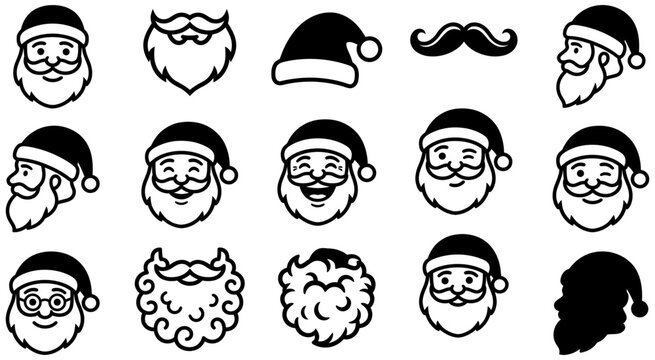 Christmas vector graphic collection featuring various Santa Claus faces with iconic hats beards and festive expressions for holiday seasonal design