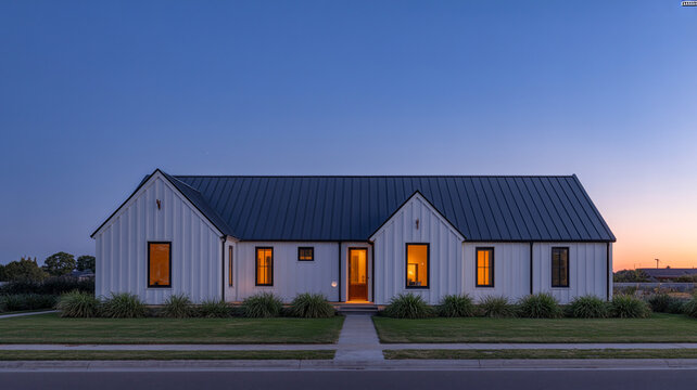 Modern farmhouse exterior at twilight with glowing windows, clean rooflines