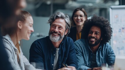 Obraz premium Diverse team members laughing and collaborating in a modern office setting