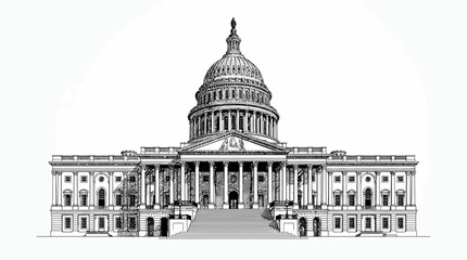 Fototapeta premium A detailed black and white illustration of the United States Capitol Building with its iconic dome and neoclassical architecture, viewed from the front.