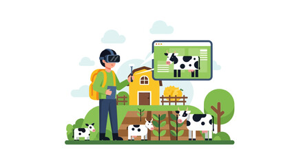 Fototapeta premium Smart Farming Vector Illustration: Farmer Wearing VR Headset Monitoring Cows and Livestock with Digital Data Interface for Modern Sustainable Agriculture