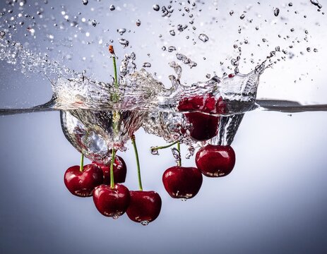 fresh cherries splashing into water with droplets frozen in motion