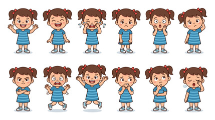 Fototapeta premium Cute Cartoon Girl Character Kit in Blue Striped Dress Displaying Various Facial Expressions Moods and Active Poses for Educational Media and Child Psychology Books