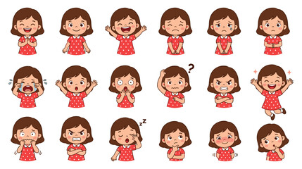 Cute Cartoon Girl Character Kit in Polka Dot Dress Displaying Various Facial Expressions Moods and Active Poses for Educational Media and Child Psychology Books
