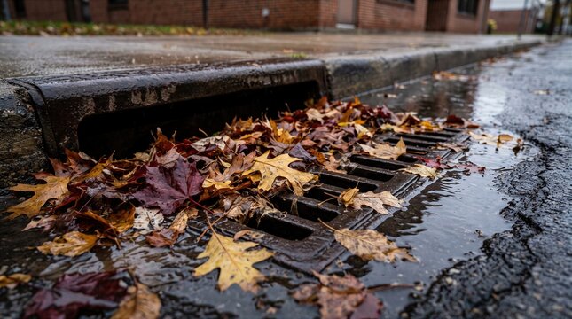 Clogged roadside drain after autumn rainfall