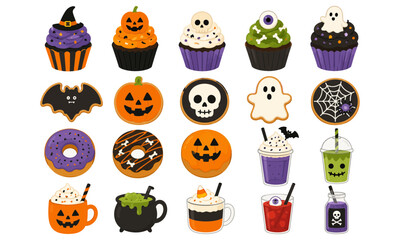 Obraz premium Cute Halloween Cupcakes, Donuts, Candy and Spooky Drinks Dessert Collection