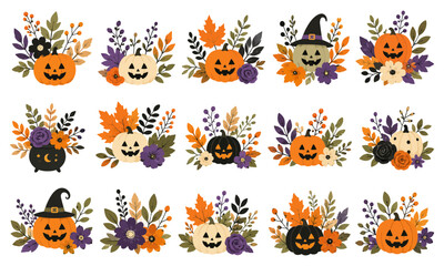 Obraz premium Halloween Floral Pumpkin Arrangements Set with Autumn Leaves, Flowers and Jack O Lanterns