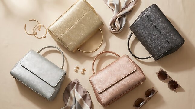 Set of colorful leather handbags and fashion accessories on a flat surface. glittery handbag designs