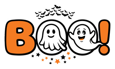 Obraz premium Cute Boo Halloween Typography Vector Design with Friendly Ghost Characters, Flying Bats Swarm, and Magic Stars