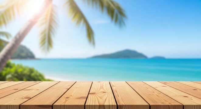 Wooden table surface with tropical beach view and palm leaves in blurred background setting