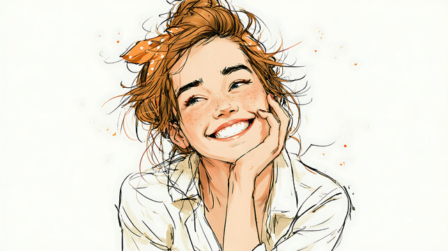 Watercolor illustration of a smiling young woman with freckles and a hair ribbon