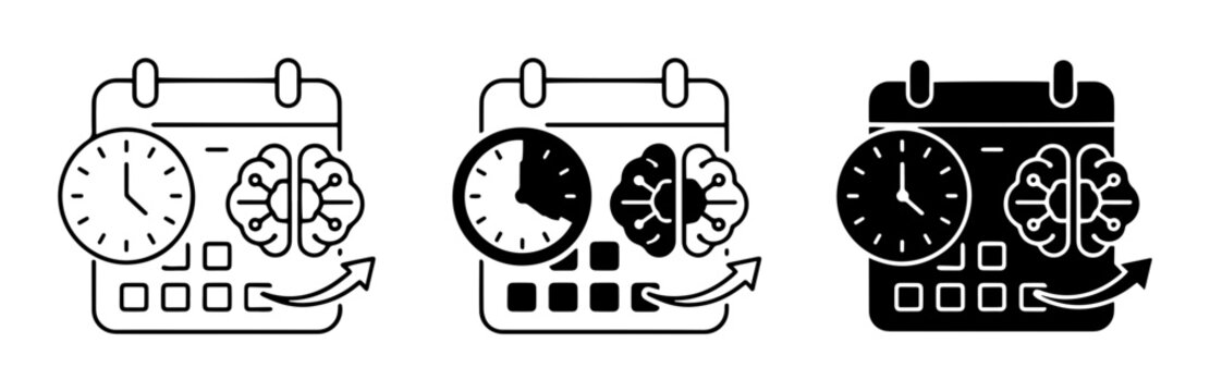 3 calendar, clock, brain silhouette icons set, solid black style, education concept
