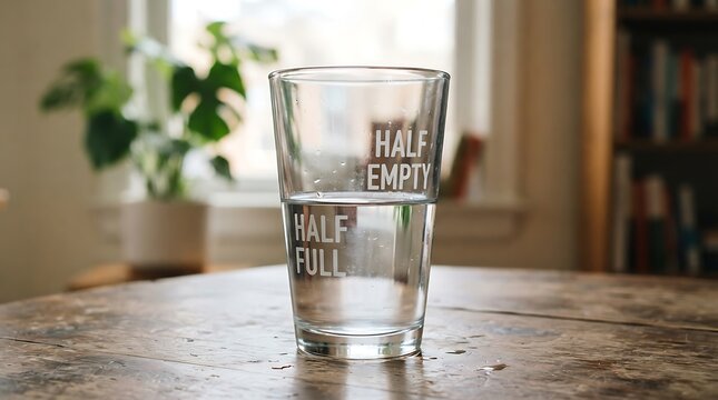 A clear glass of water half full and half empty with text printed on the glass, sitting on a rustic wooden table in a blurred home interior