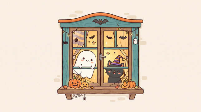 Cute Ghost and Black Cat Wearing Witch Hat Looking Through Wooden Halloween Window Vector Illustration