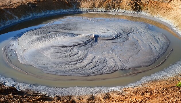 gray bubbling mud pool with concentric ripples surrounded by textured terrain under bright sunlight