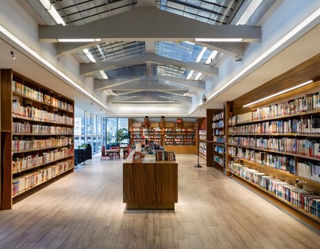 interior view of a large bookstore with shelves and displays