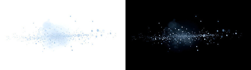 Shimmering silver particle dust stream drifting horizontally with soft glowing bokeh across a black backdrop for cinematic use in PNG, Transparent and Black Background Versions © Tanay