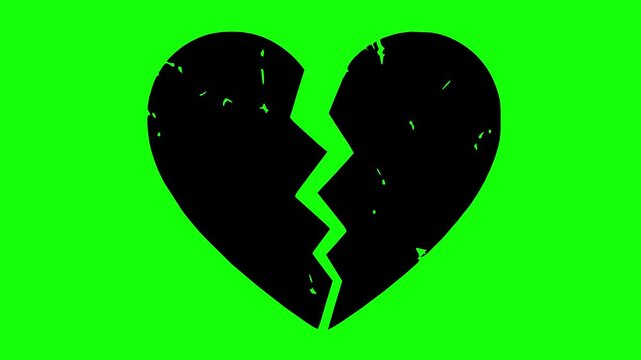 broken heart animation with black fill, rough edges, and line boil effect on green screen chroma key background