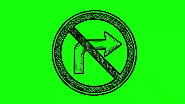 hand drawn no right turn prohibition sign animation with solid black fill and green screen chroma key background featuring a rough line boil effect