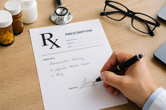 Doctor Writing and Signing Antibiotic Medication Prescription
