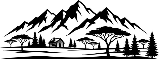 Fototapeta premium Black and white mountain landscape with cabin and forest trees
