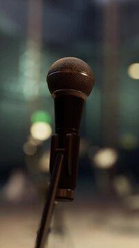 A microphone is positioned on a stand in a music venue. The background shows blurred lights and instruments. This scene is set for a live performance or an open mic night.
