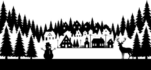 Fototapeta premium Winter village silhouette with deer snowman and pine forest
