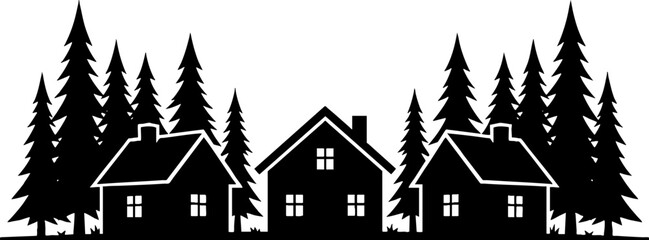 Naklejka premium Black silhouette of houses in a pine forest vector