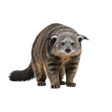 Binturong bearcat with thick dark fur and long whiskers looking forward on a dark background.