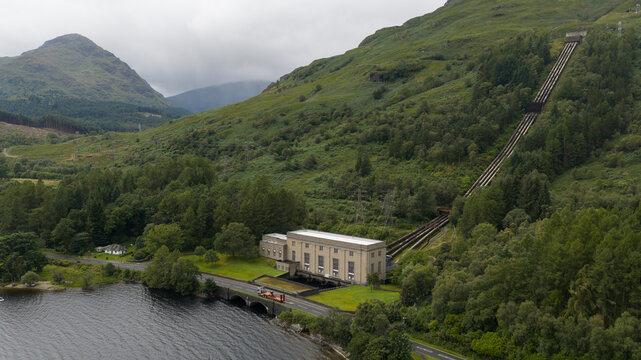 Aerial view of Loch Sloy Hydro Electric Scheme in Scotland