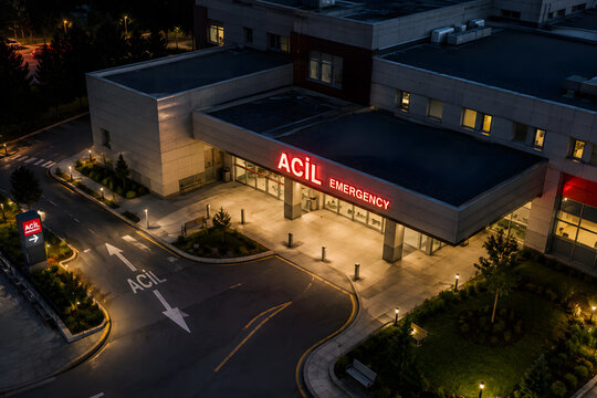 Turkish Hospital Emergency Entrance with Bilingual Directional Sign at Night