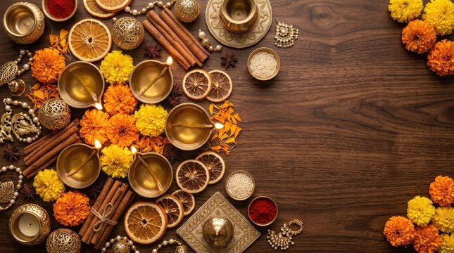 Top view of traditional oil lamps and marigold flowers for a happy diwali indian festival celebration background