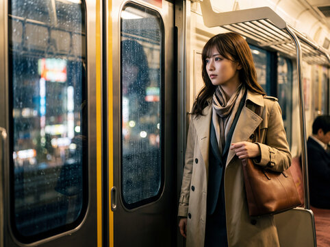 夜の通勤電車で窓の外を物憂げに見つめるトレンチコートの女性