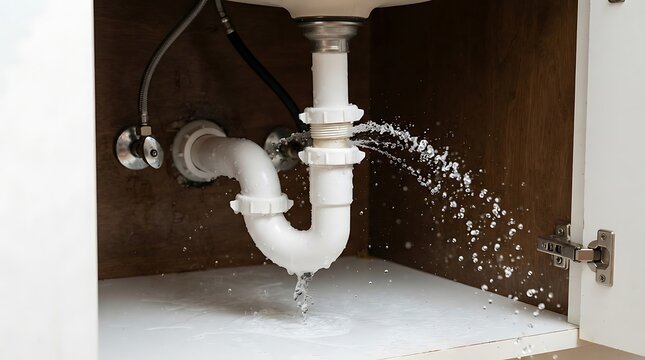 Water leaking from a broken kitchen sink pipe