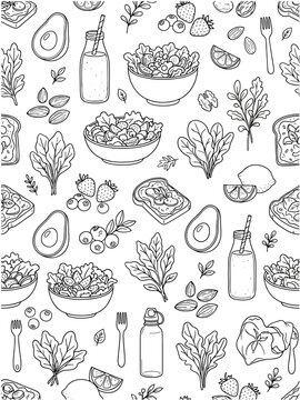 Healthy food pattern with fresh salad avocado berries bread and drinks in a hand drawn line style set.
